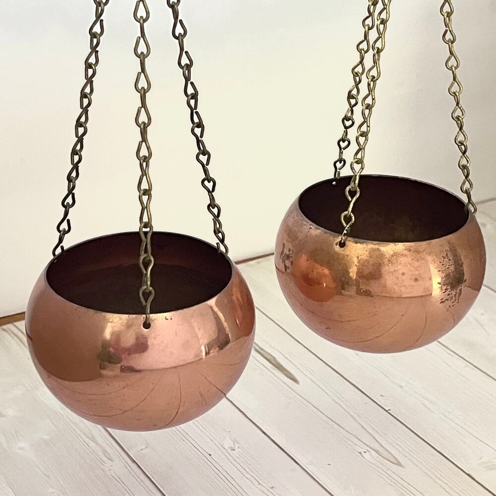Set of 2 Small Vintage Copper Hanging Planters Brass Chains Boho Danish Modern